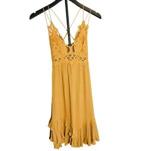 FP One Mustard Lace Crochet Boho Mini Dress Strappy Crinkle Small S Festival